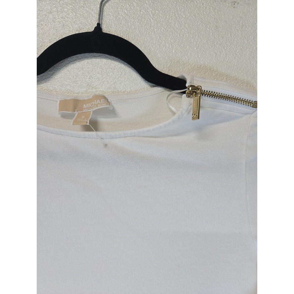 Michael Kors White Long-Sleeve Boat-Neck Top with Gold Shoulder Zippers S